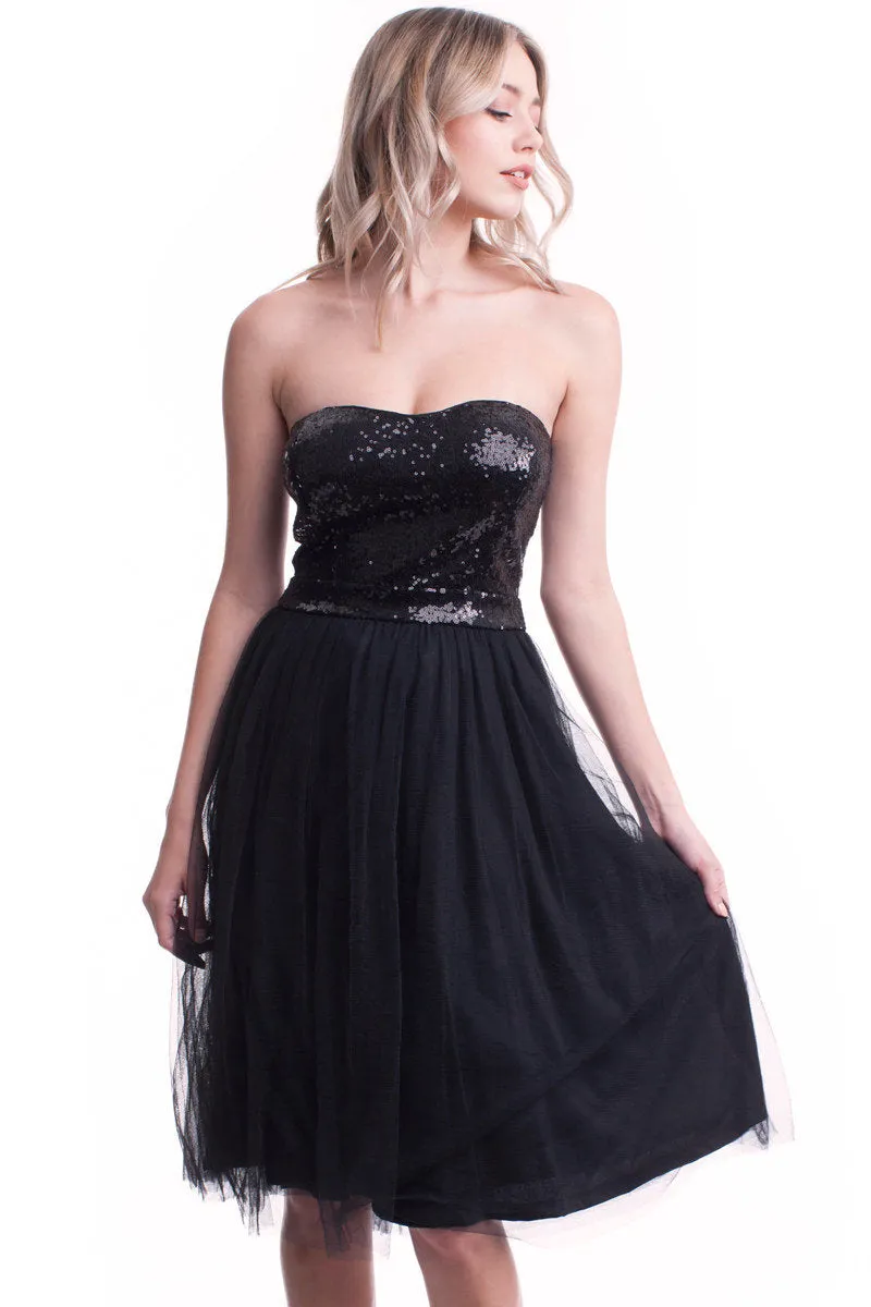 Black or Silver Formal Dress - Strapless Sequin Bodice with Layered Mesh Skirt