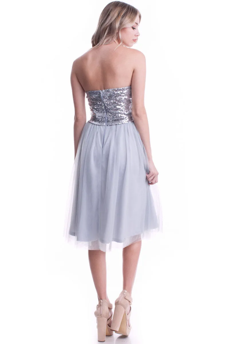 Black or Silver Formal Dress - Strapless Sequin Bodice with Layered Mesh Skirt