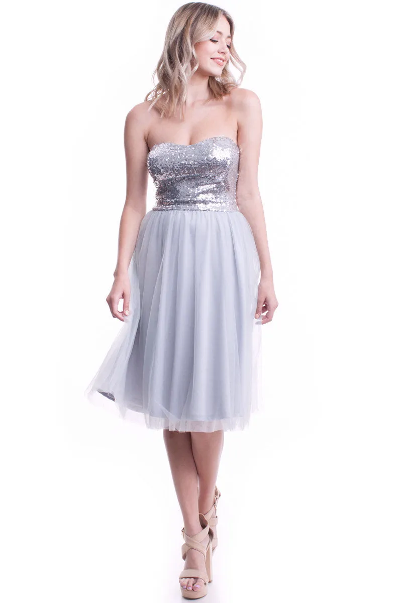 Black or Silver Formal Dress - Strapless Sequin Bodice with Layered Mesh Skirt