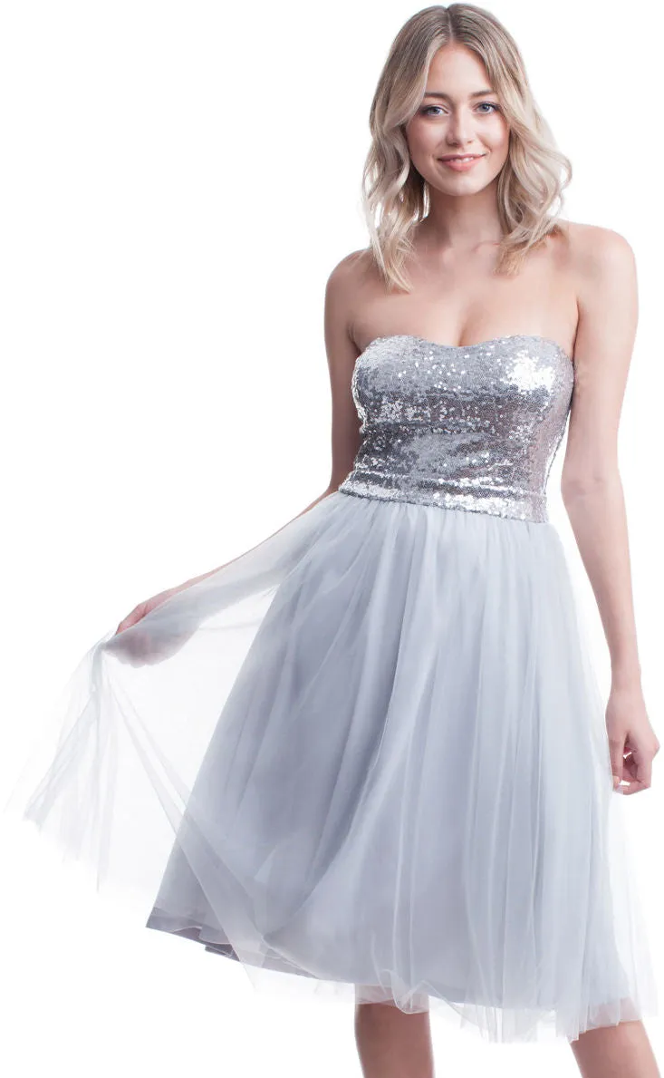 Black or Silver Formal Dress - Strapless Sequin Bodice with Layered Mesh Skirt