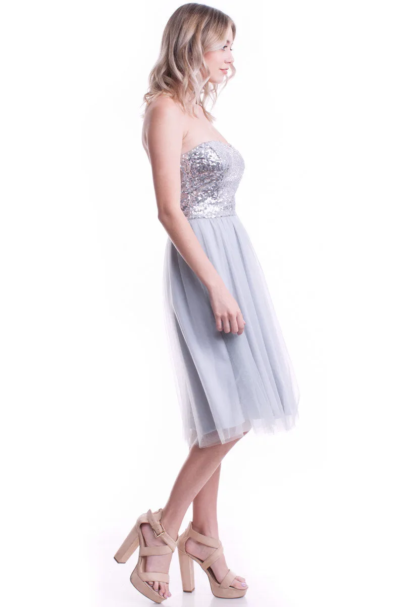 Black or Silver Formal Dress - Strapless Sequin Bodice with Layered Mesh Skirt