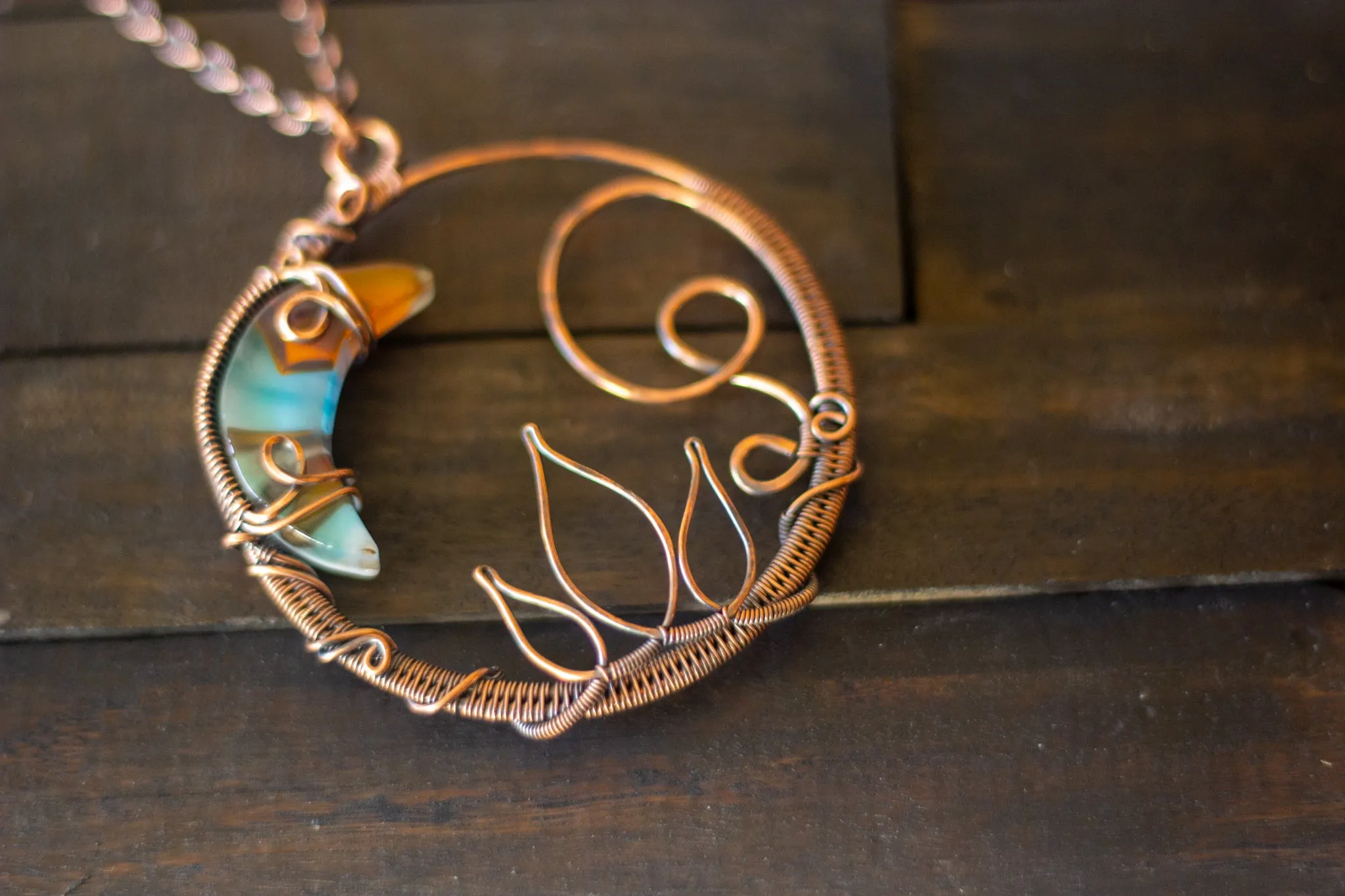 Blue and Orange Moon Pendant with Copper Wire Wrapping