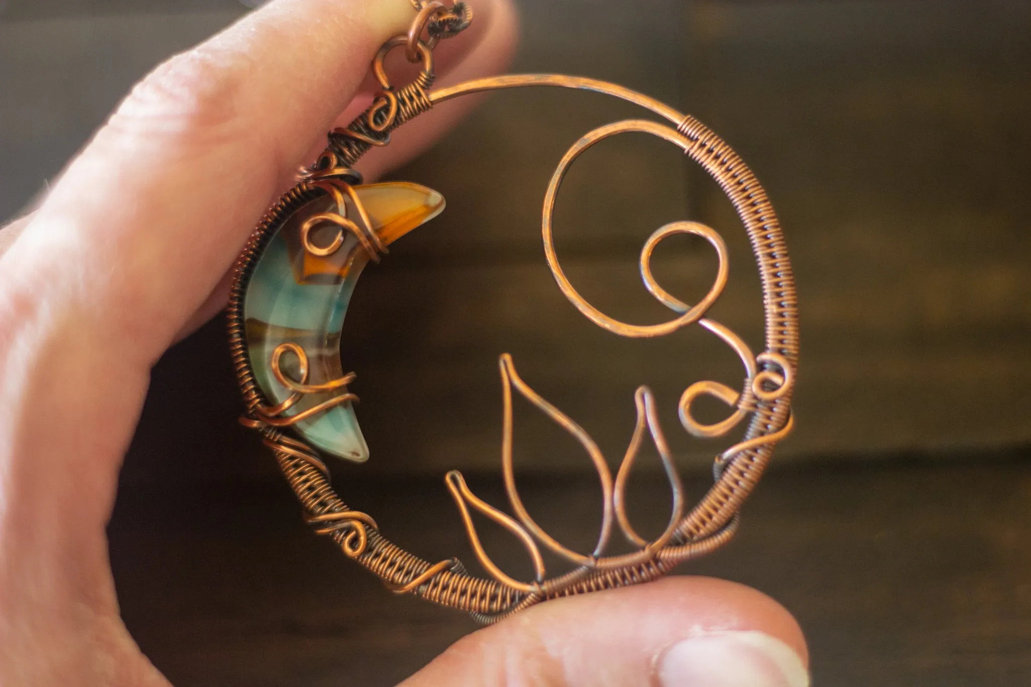 Blue and Orange Moon Pendant with Copper Wire Wrapping