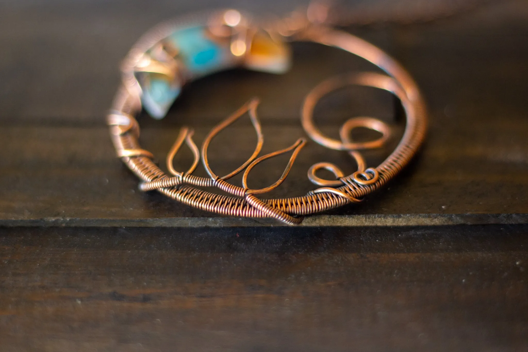 Blue and Orange Moon Pendant with Copper Wire Wrapping