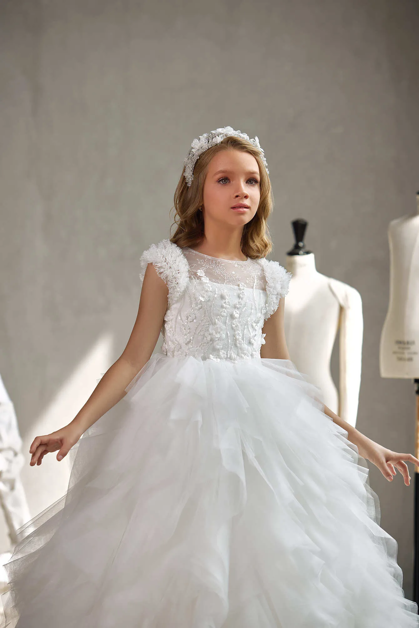 BUCKINGHAM – FLORAL EMBELLISHED COMMUNION DRESS WITH RUFFLED SKIRT