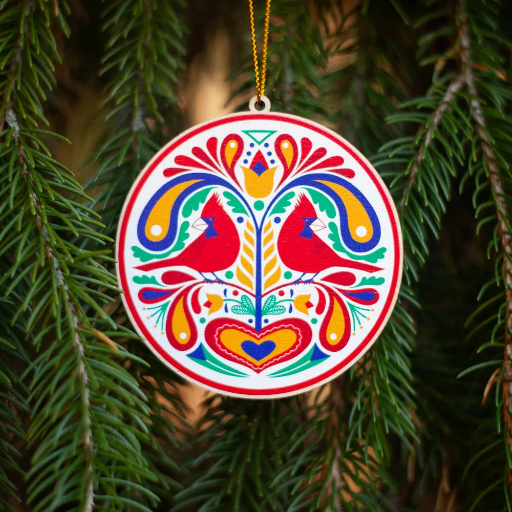 Cardinal bird Christmas tree ornament, bird hex sign holiday ornament, Cardinal hex sign art, wooden folk christmas ornament