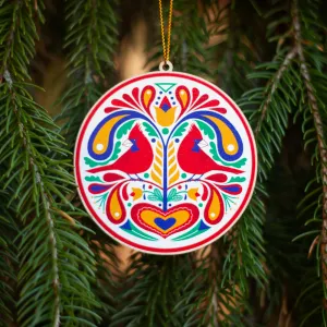 Cardinal bird Christmas tree ornament, bird hex sign holiday ornament, Cardinal hex sign art, wooden folk christmas ornament