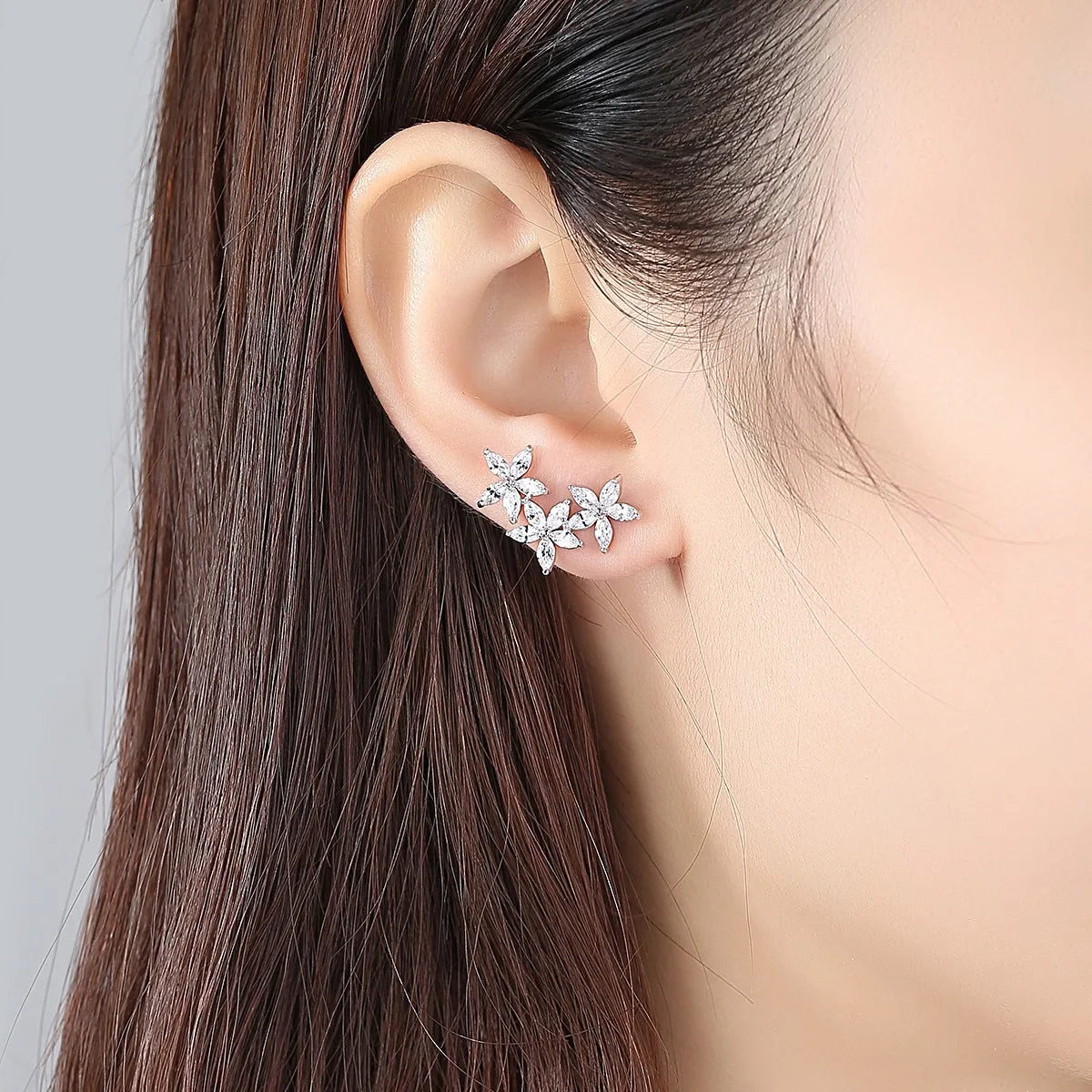 Crystal & Silver-Plated Flowers Ear Climbers