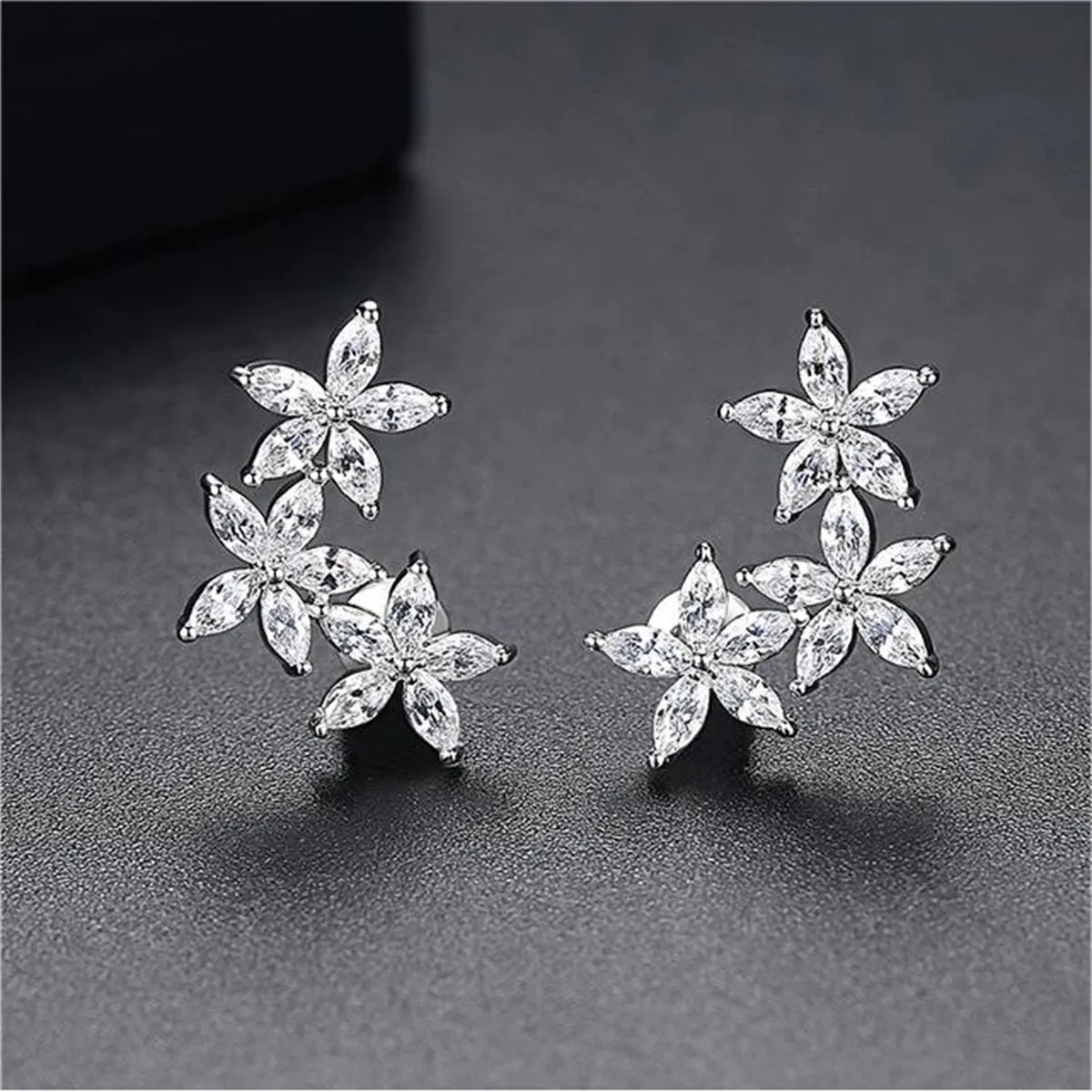 Crystal & Silver-Plated Flowers Ear Climbers