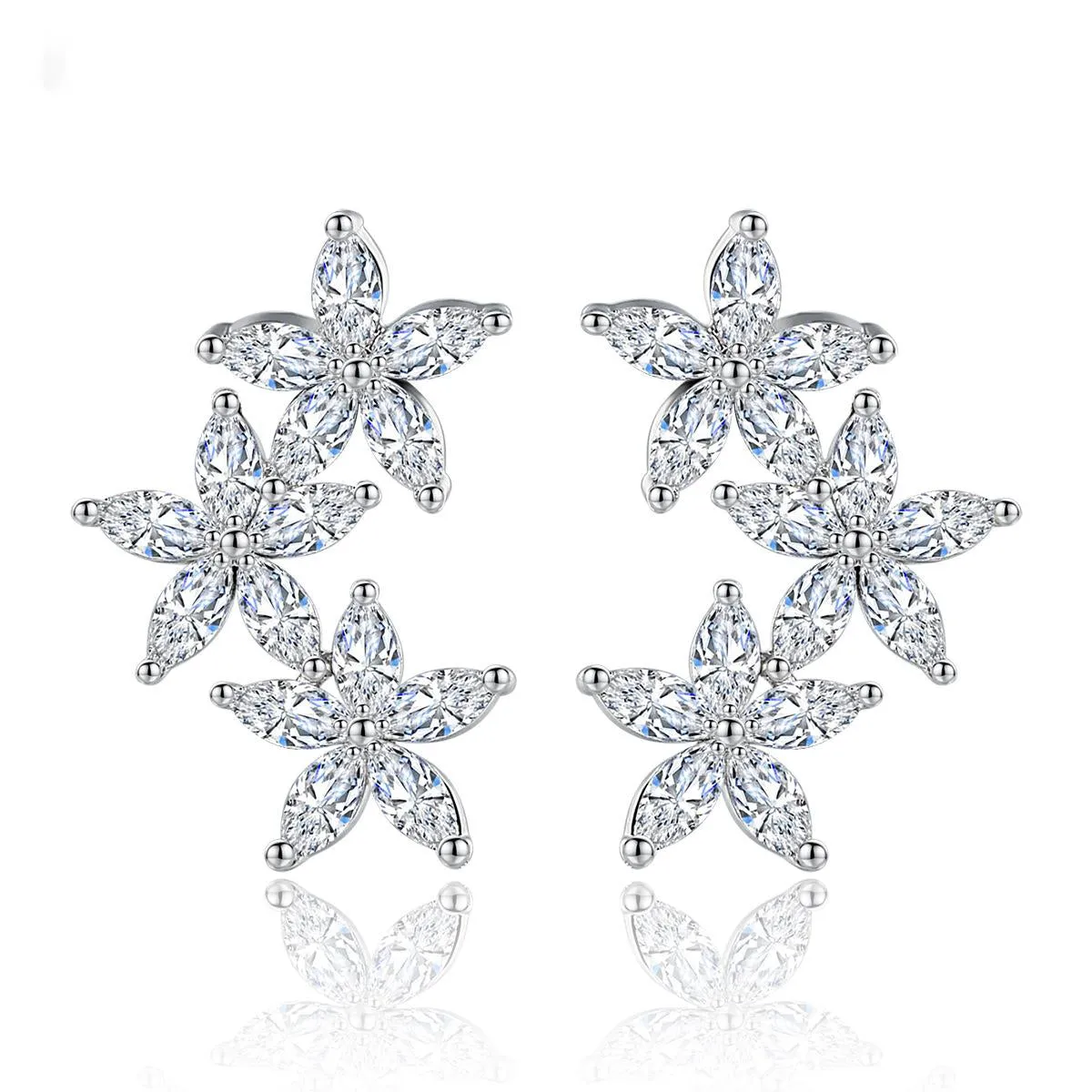 Crystal & Silver-Plated Flowers Ear Climbers