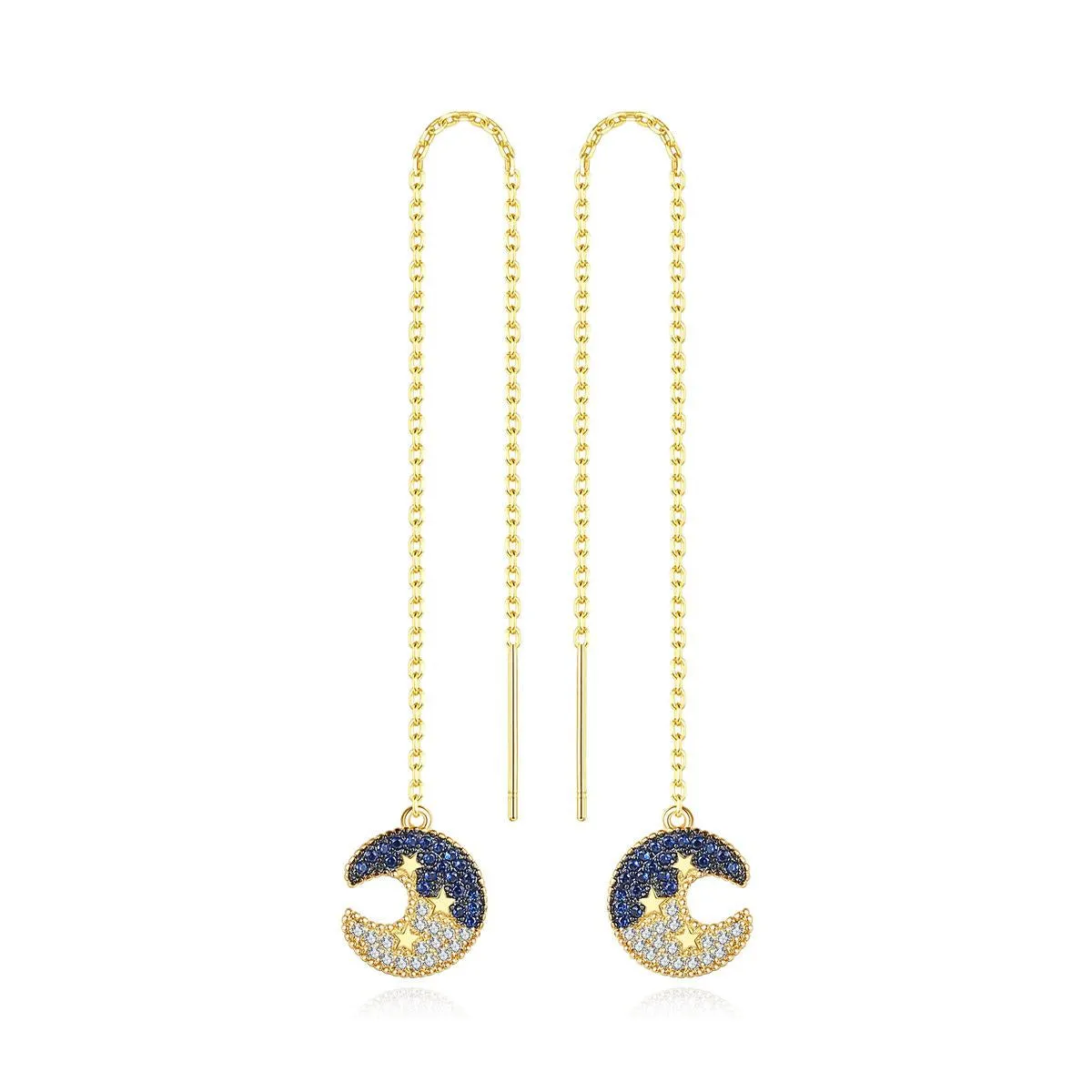 Cubic Zirconia & 18K Gold-Plated Moon Star Ear Threaders