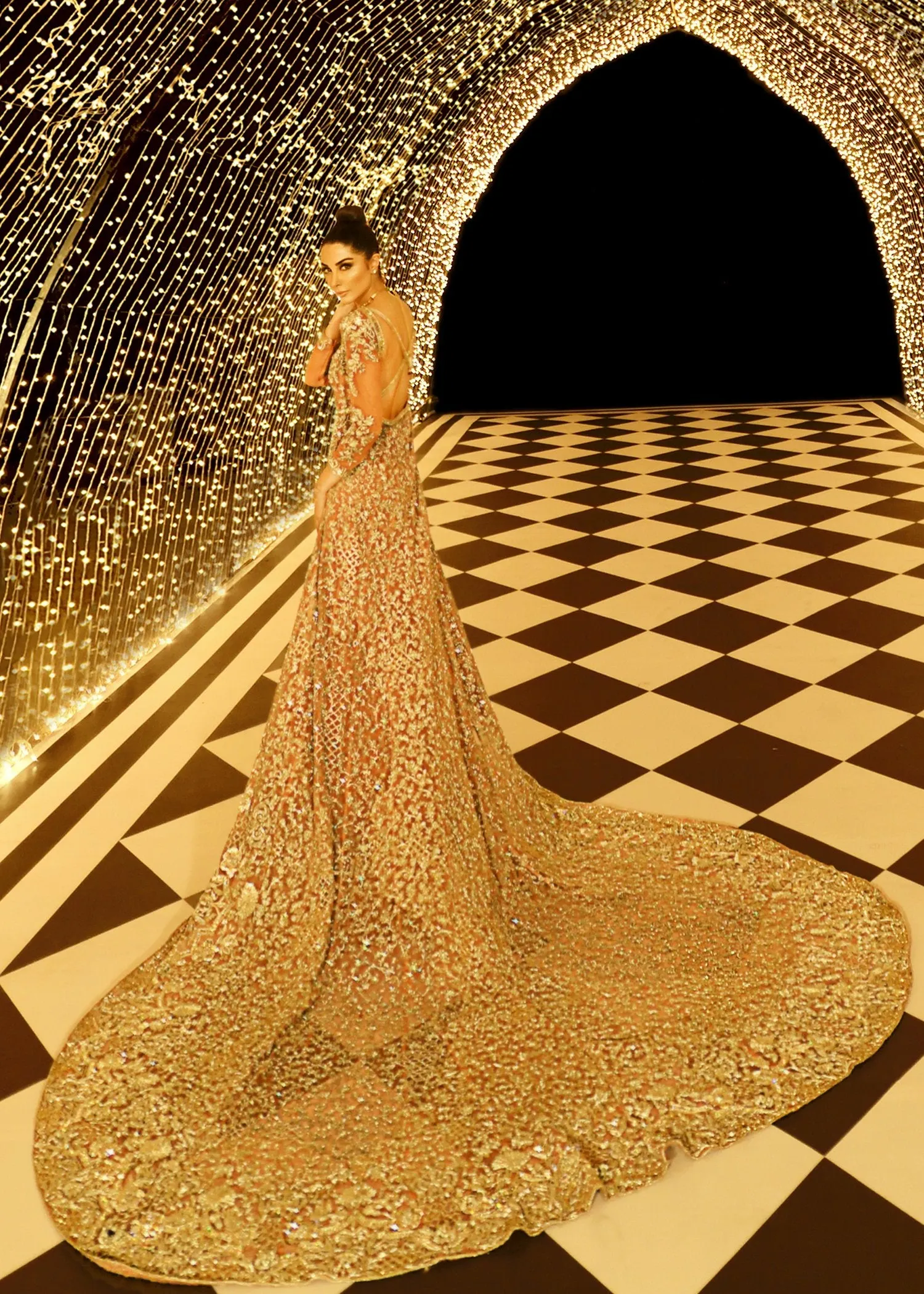 Embroidered gown in peach color with golden embroidered work # B3373