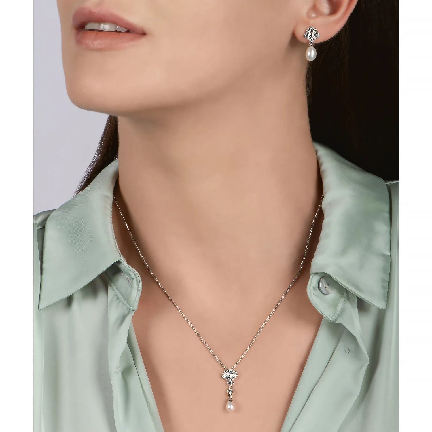 Enchanted Disney Fine Jewelry Sterling Silver with 1/10 CTTW Diamond and Pearl Ariel Pendant Necklace
