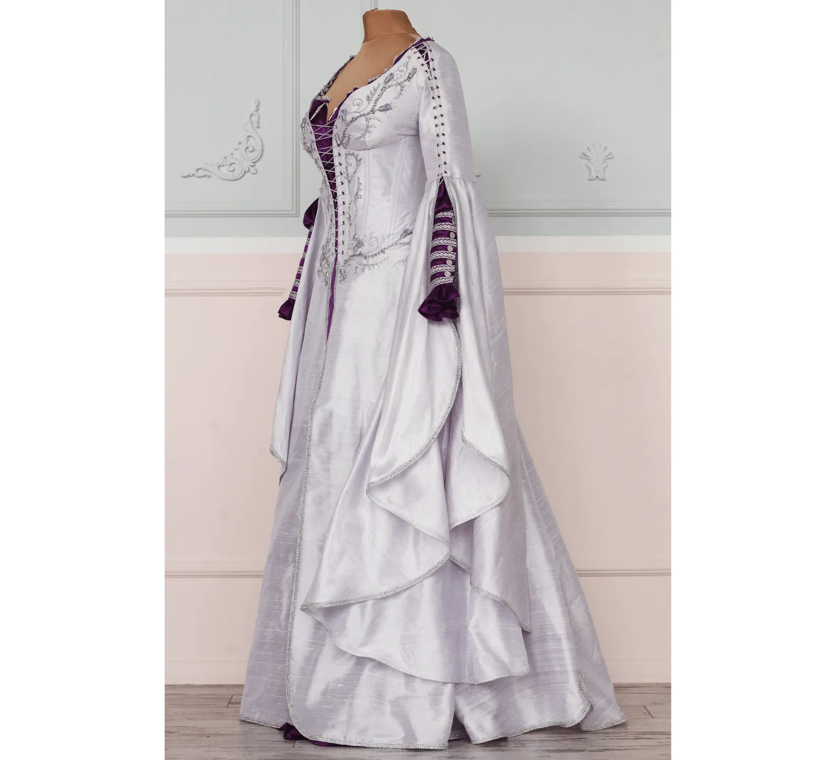 Fantasy elven white silk LoTR inspired wedding dress
