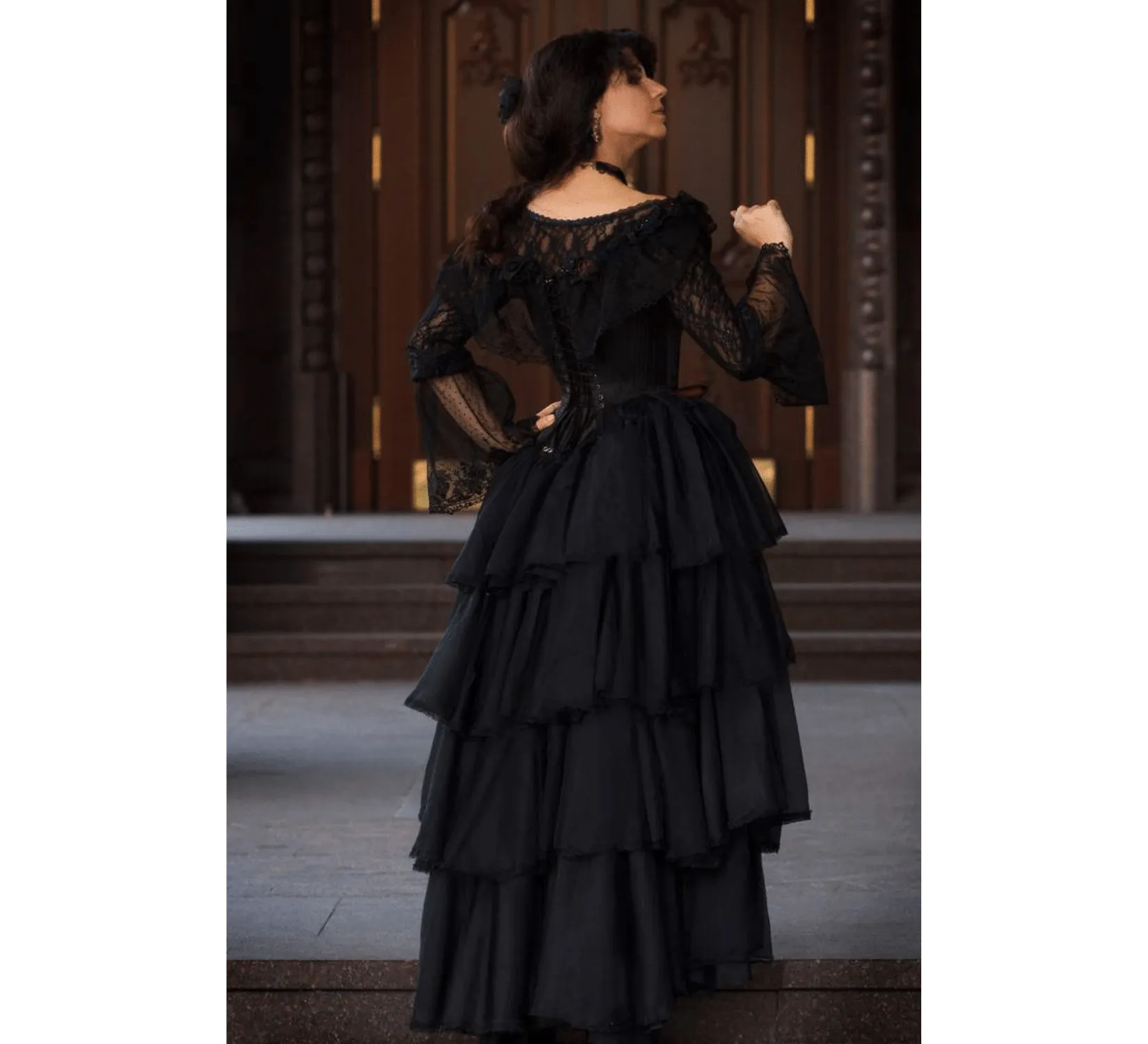 Fantasy gothic rococo inspired black wedding atlas dress