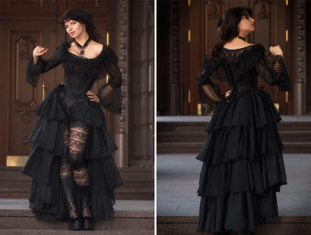 Fantasy gothic rococo inspired black wedding atlas dress