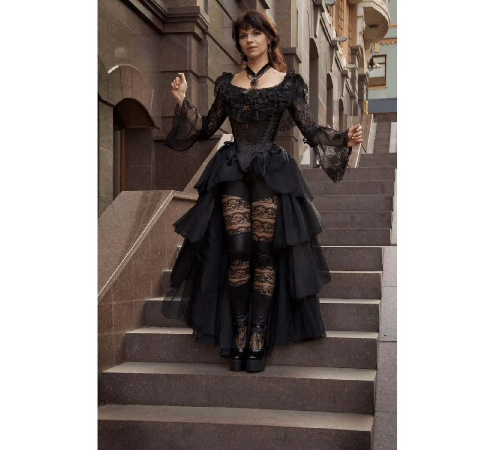 Fantasy gothic rococo inspired black wedding atlas dress