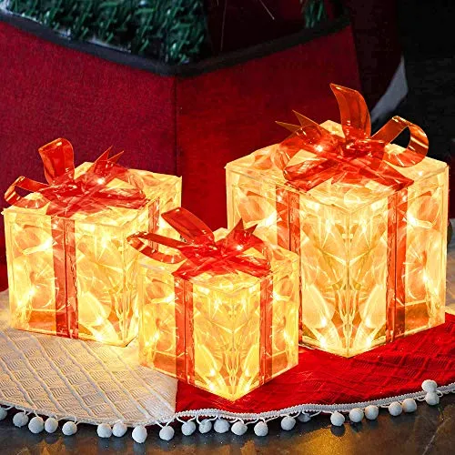 FUNPENY Set of 3 Christmas 60 LED Lighted Gift Boxes, Transparent Warm White Lighted Christmas Box Decrations, Presents Boxs with Red Bows for Christams Tree, Yard, Home, Christams Decorations