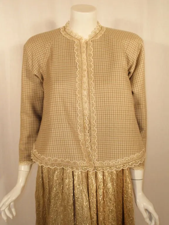 GEOFFREY BEENE 1980s 3 pc Gold Wool & Lace Jacket, Skirt & Belt