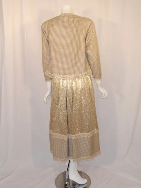 GEOFFREY BEENE 1980s 3 pc Gold Wool & Lace Jacket, Skirt & Belt