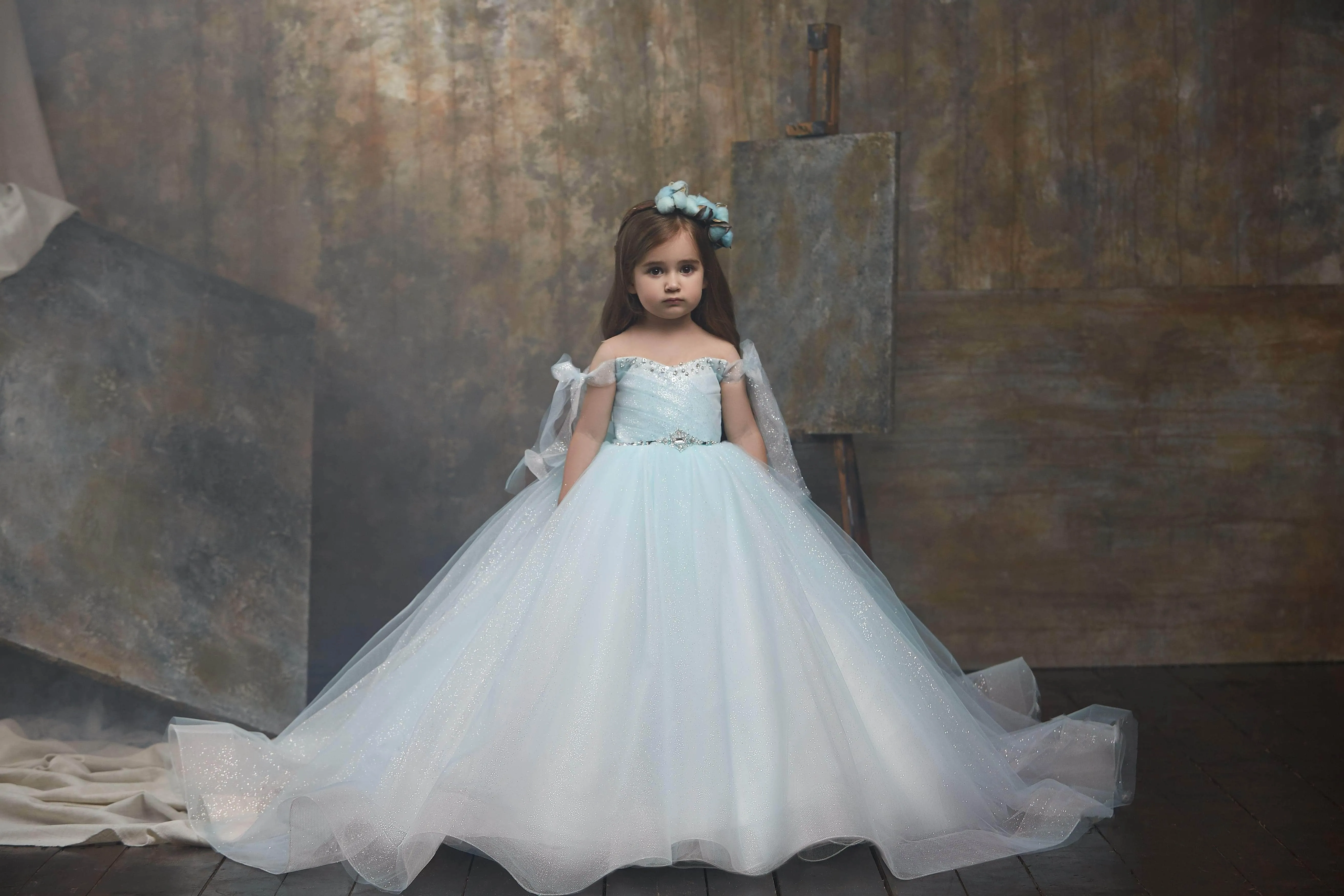 Girls Bow Tie Off Shoulder Crystal Pageant Dress