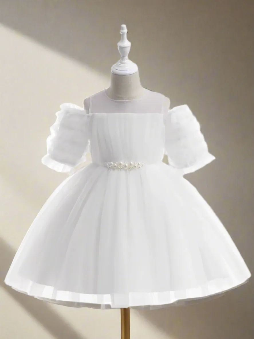 Girls Dazzling Tulle Puff Sleeve Dress