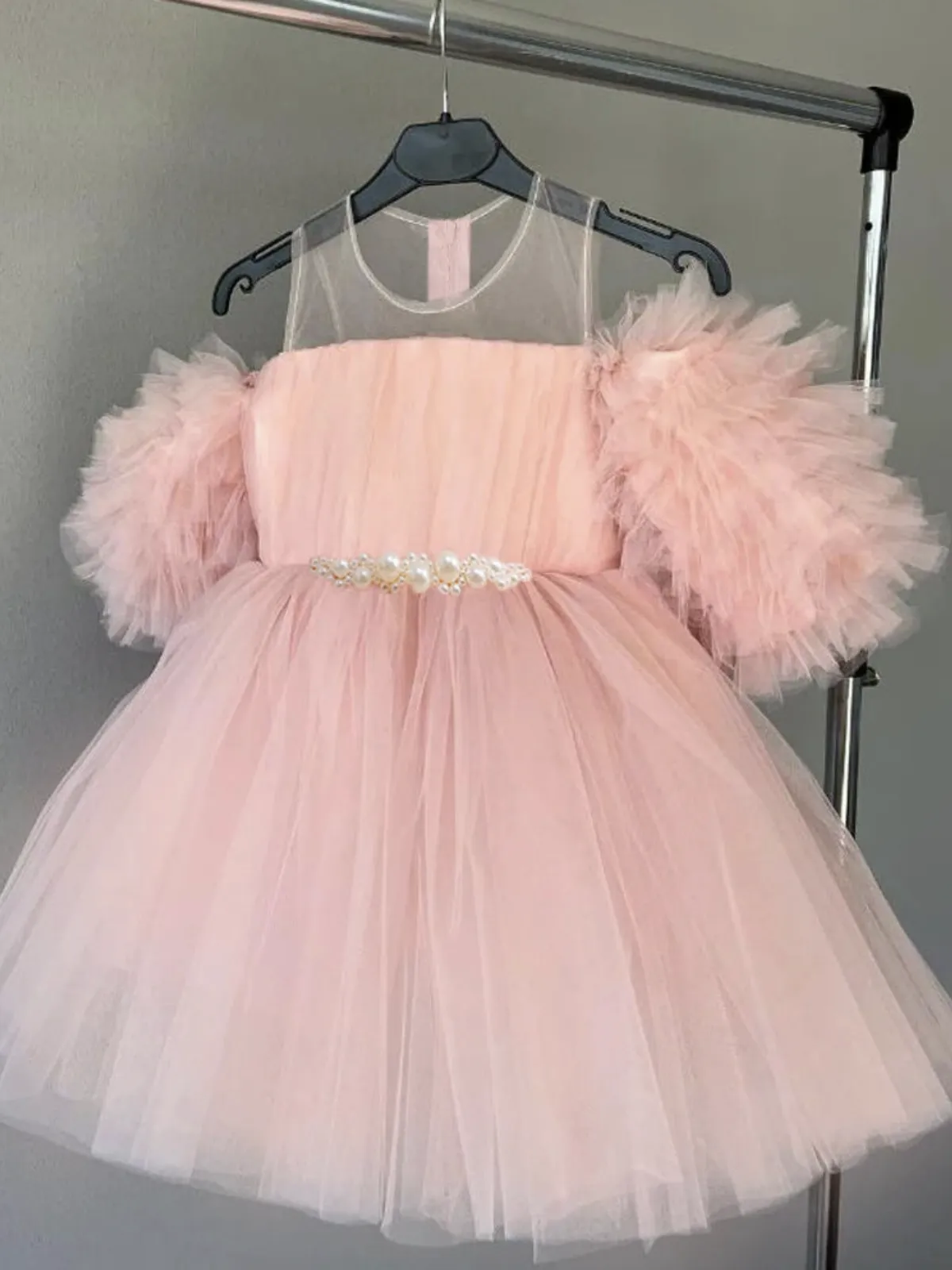 Girls Dazzling Tulle Puff Sleeve Dress