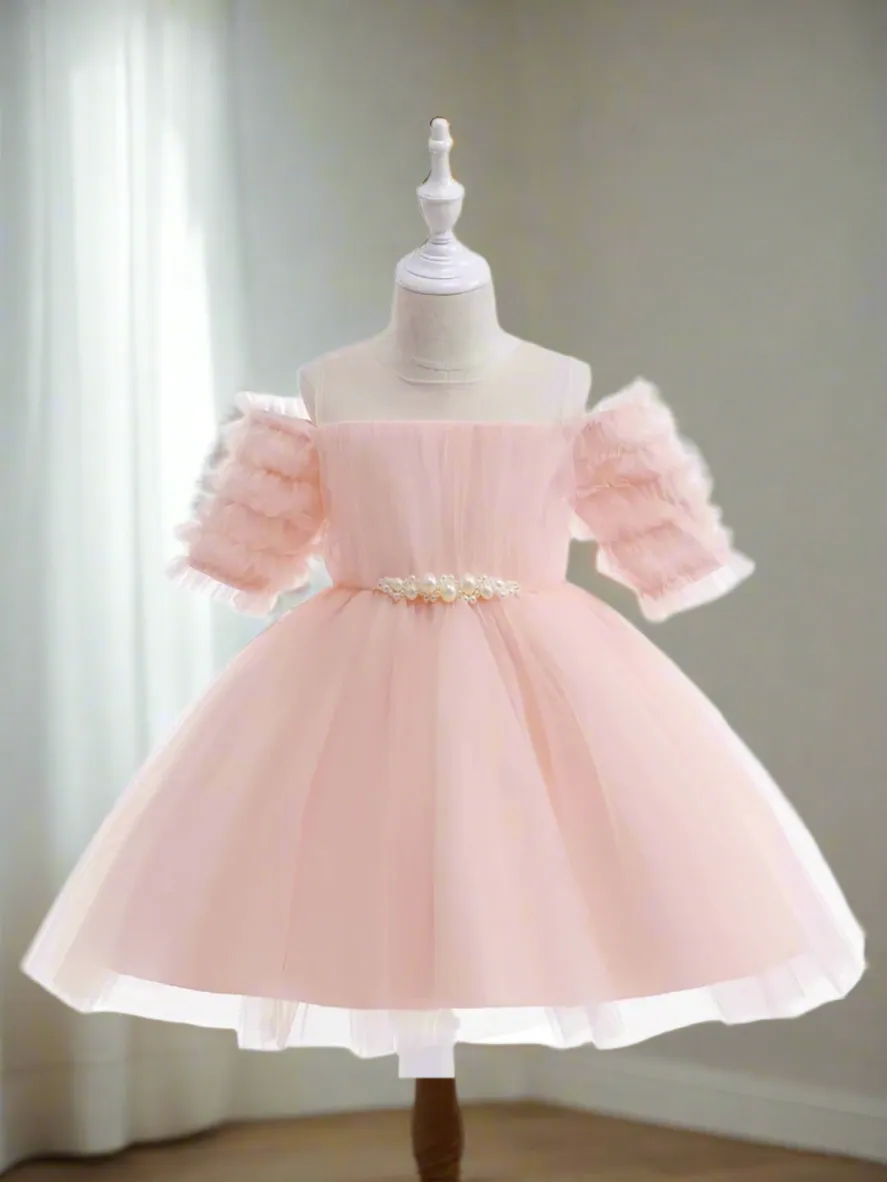 Girls Dazzling Tulle Puff Sleeve Dress
