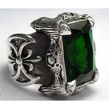 Green Emerald Dragon Claw Axe Sterling Silver Biker Ring