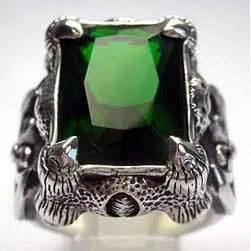 Green Emerald Dragon Claw Axe Sterling Silver Biker Ring