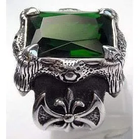 Green Emerald Dragon Claw Axe Sterling Silver Biker Ring