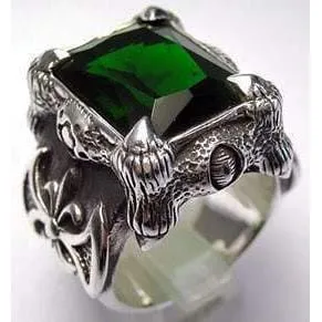 Green Emerald Dragon Claw Axe Sterling Silver Biker Ring