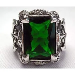Green Emerald Dragon Claw Axe Sterling Silver Biker Ring