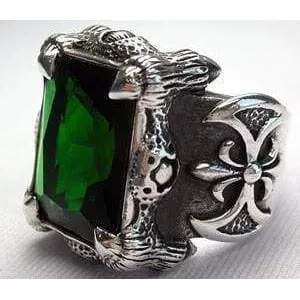 Green Emerald Dragon Claw Axe Sterling Silver Biker Ring