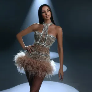 Halter Sleeveless Feather Mini Bodycon Dress HT10720
