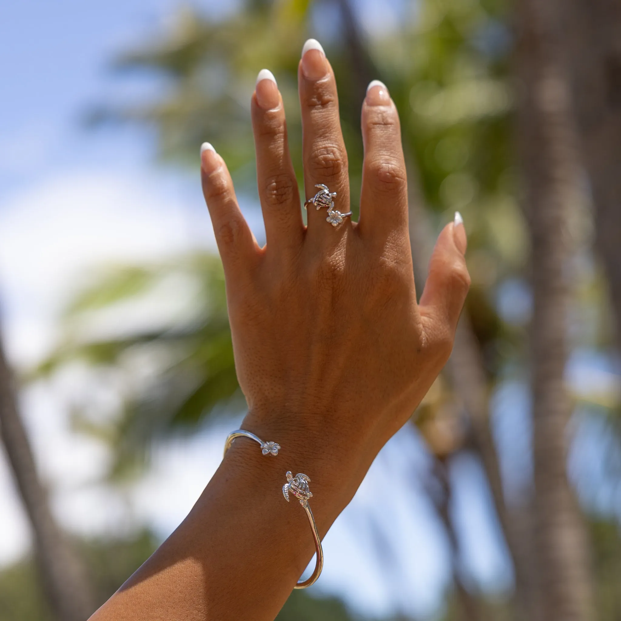 Honu and Plumeria Ring in Sterling Silver