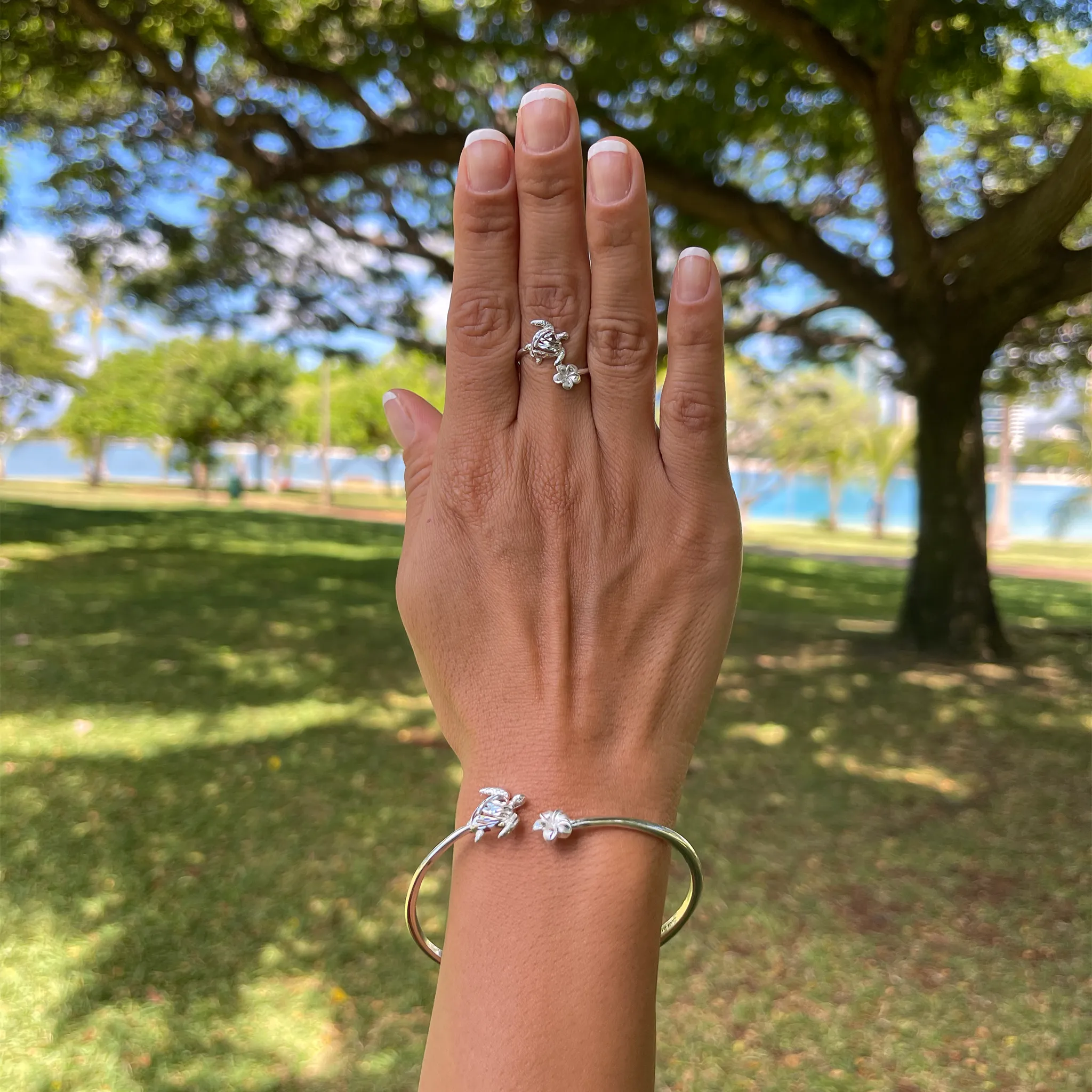 Honu and Plumeria Ring in Sterling Silver