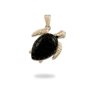Honu Black Coral Pendant in Gold with Diamonds - 16mm