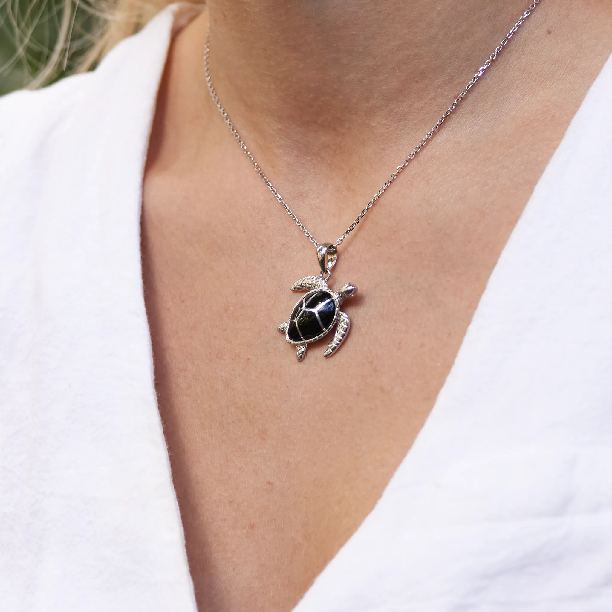 Honu Black Coral Pendant in Sterling Silver - 26mm