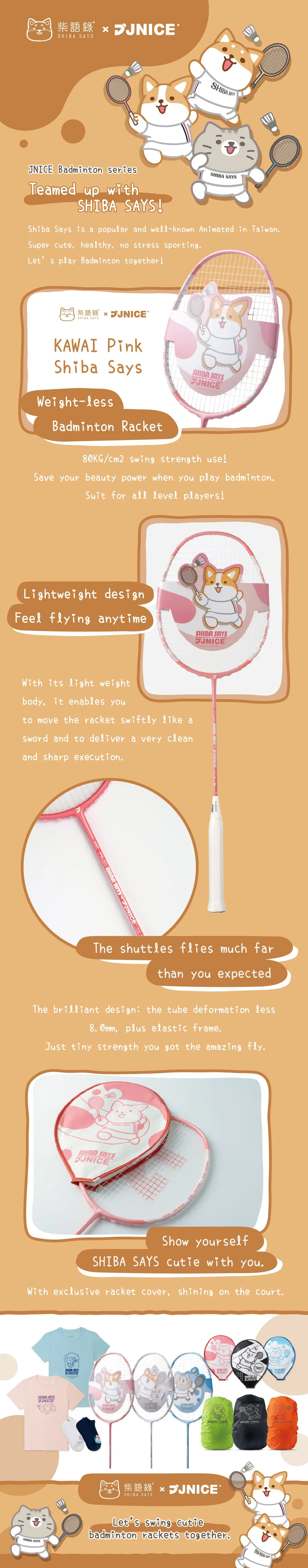 JNICE Shiba Says Kawai Pink Badminton Racket