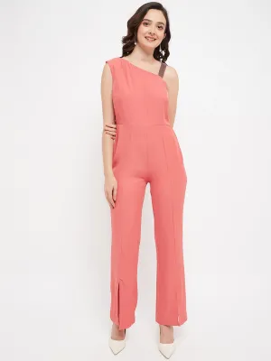 Madame Embellished Strap Coral Pink Slit Jumpsuit