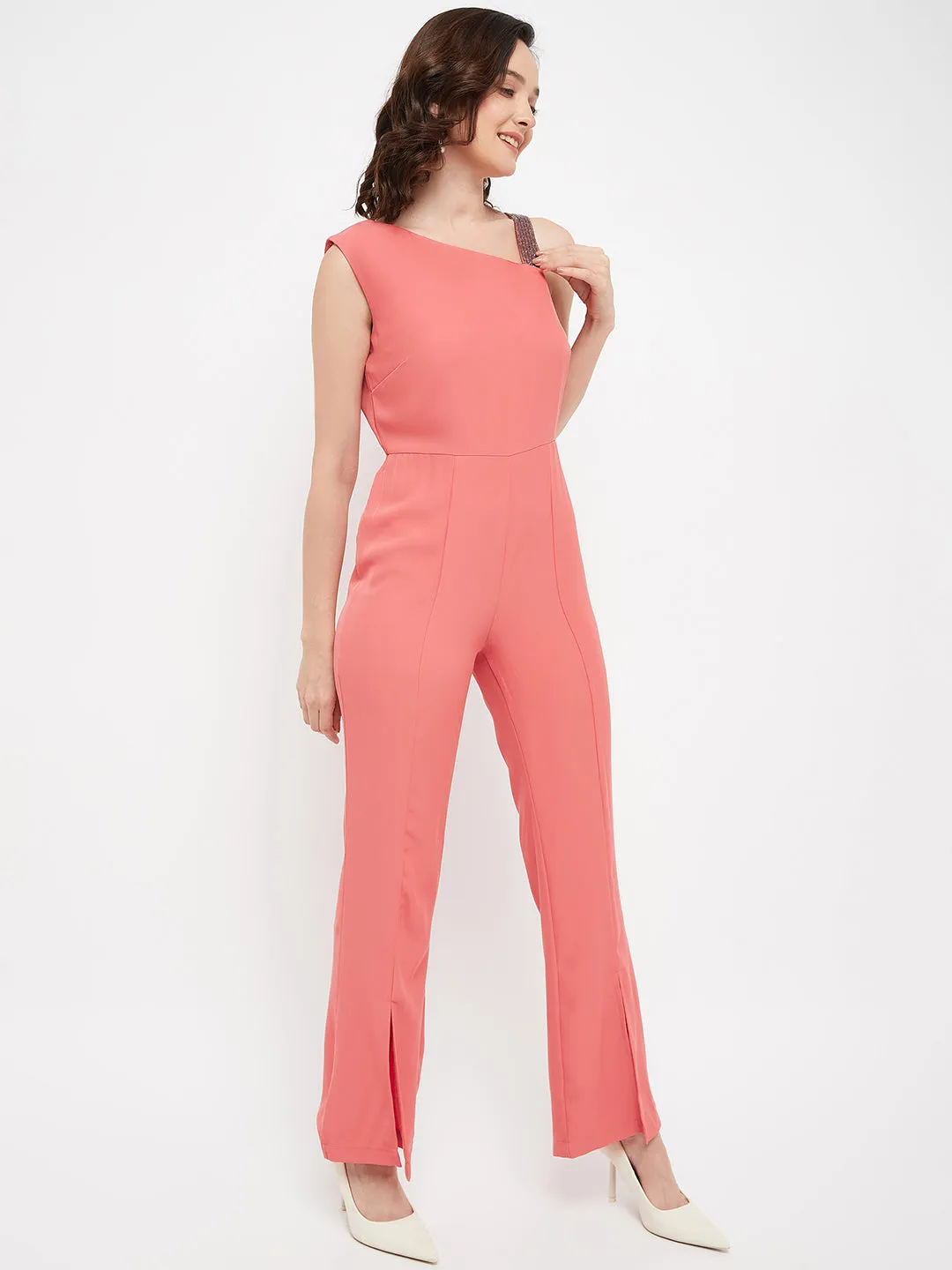 Madame Embellished Strap Coral Pink Slit Jumpsuit
