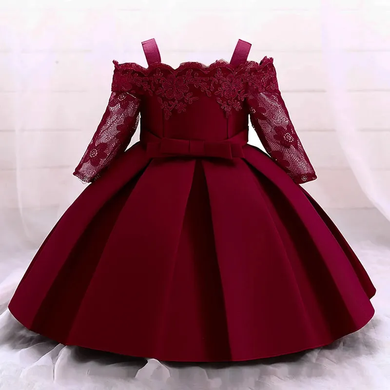 Newborn Baptism Princess Party Dresses with Lace Sleeve Toddler Girl Clothes