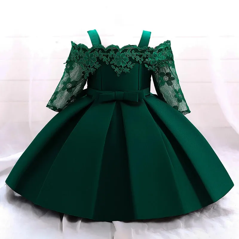 Newborn Baptism Princess Party Dresses with Lace Sleeve Toddler Girl Clothes