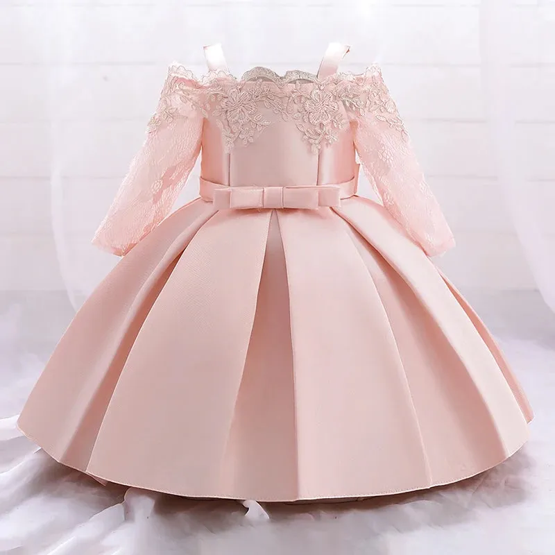 Newborn Baptism Princess Party Dresses with Lace Sleeve Toddler Girl Clothes