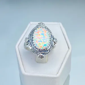 Opal Ring, Oval Wreath Filigree Ring - Vintage Art Nouveau Style Ring D74