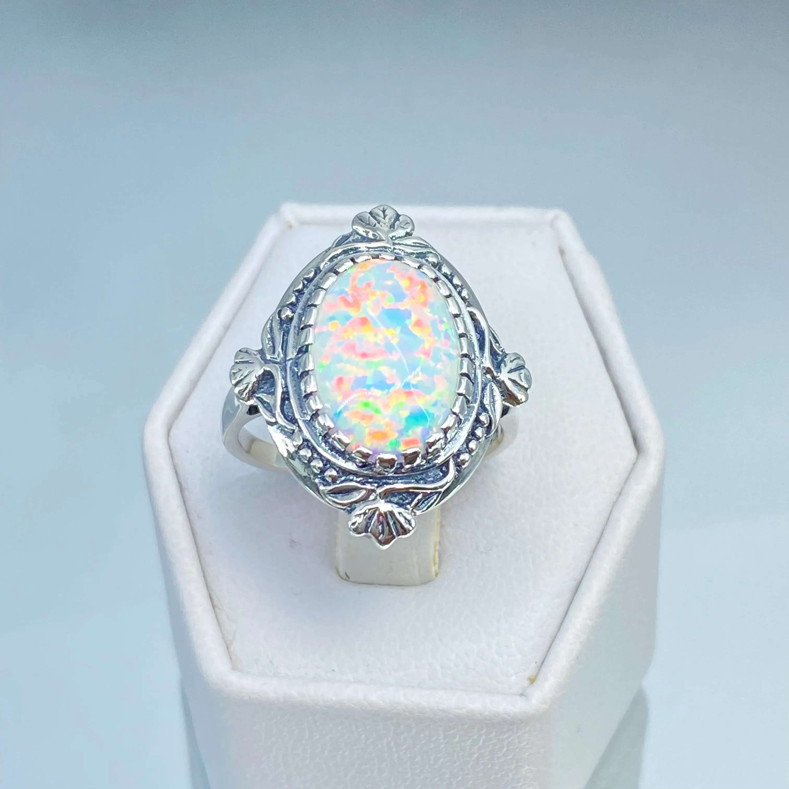 Opal Ring, Size 8, Oval Wreath Filigree Ring - Vintage Art Nouveau Style Ring D74 - Ready to Ship