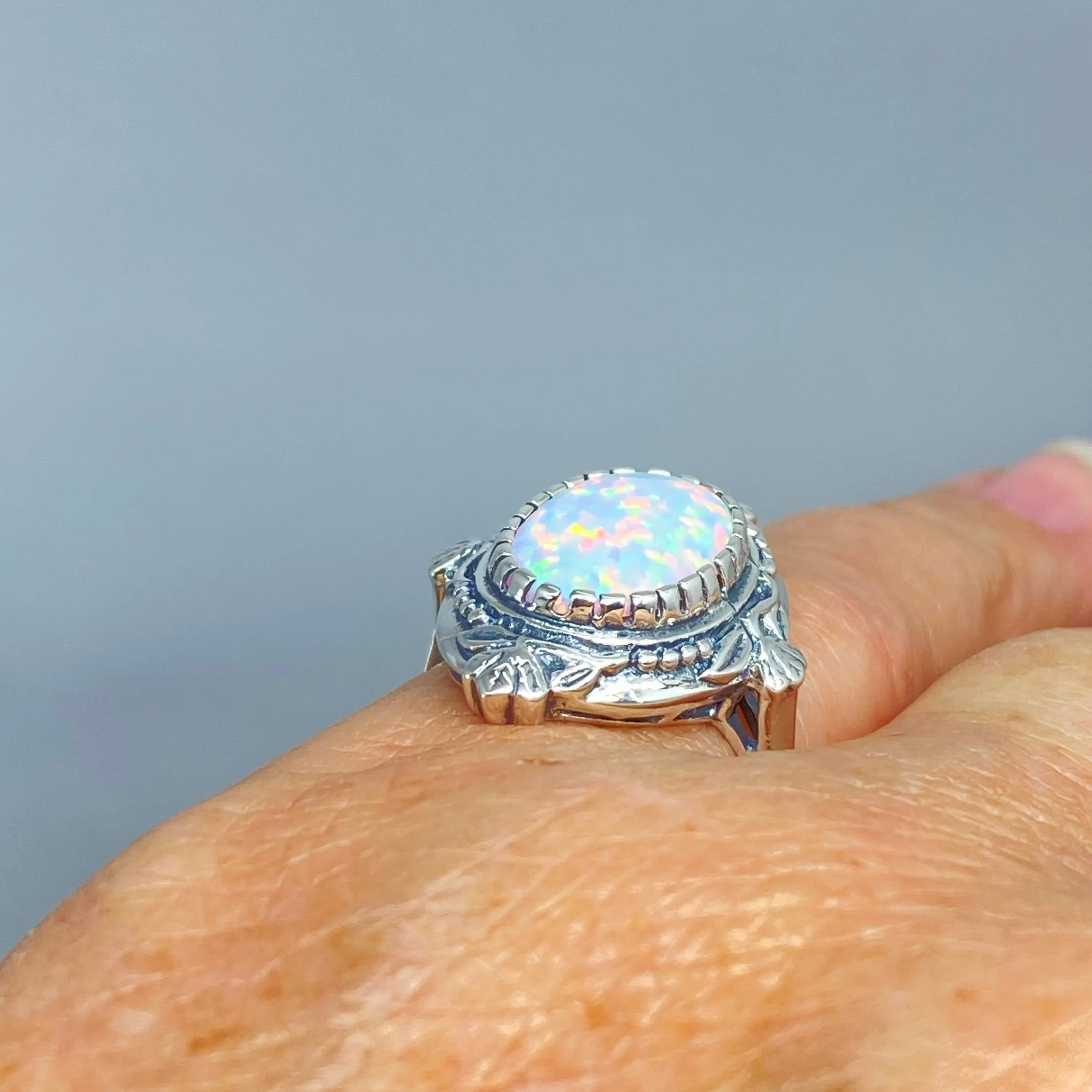 Opal Ring, Size 8, Oval Wreath Filigree Ring - Vintage Art Nouveau Style Ring D74 - Ready to Ship