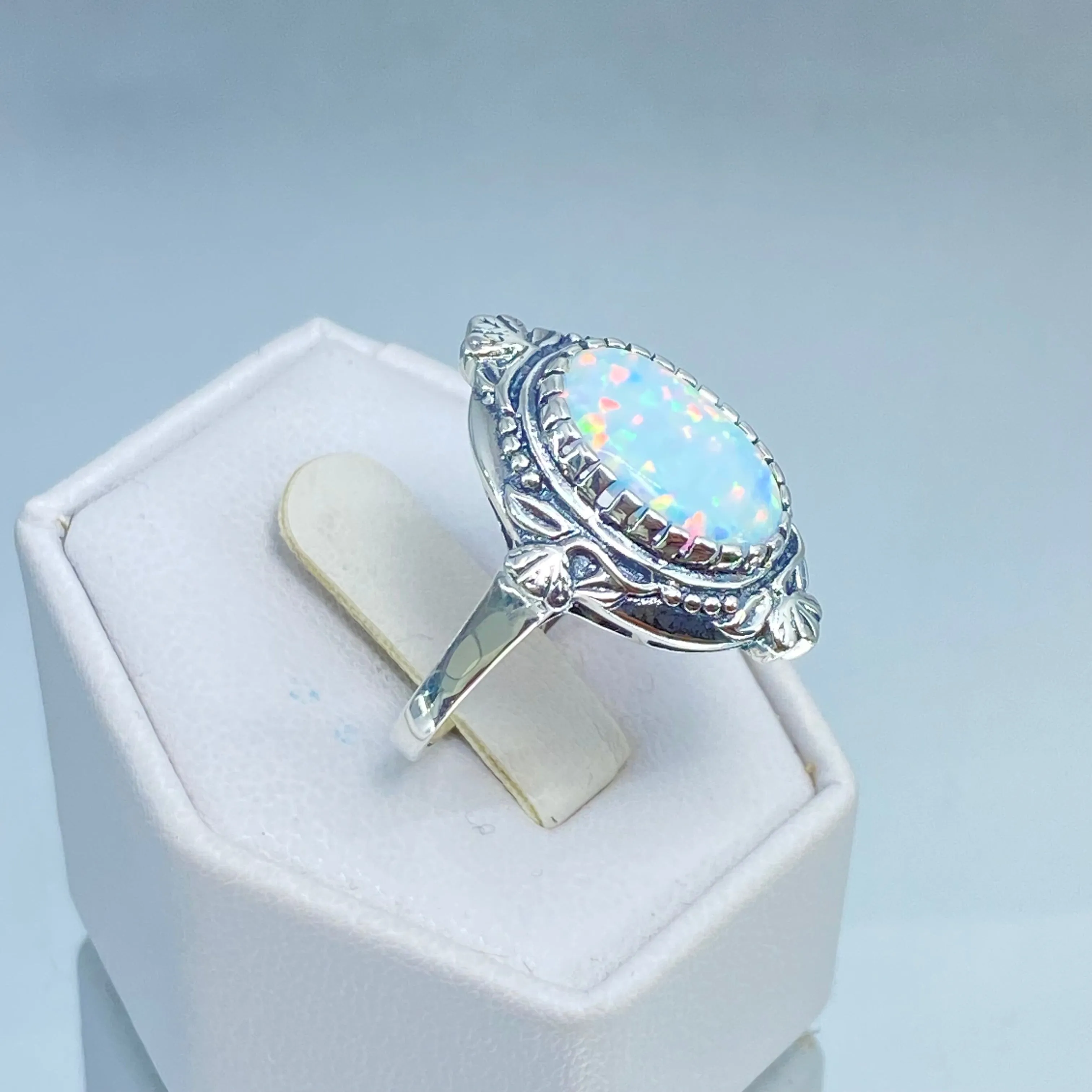Opal Ring, Size 8, Oval Wreath Filigree Ring - Vintage Art Nouveau Style Ring D74 - Ready to Ship