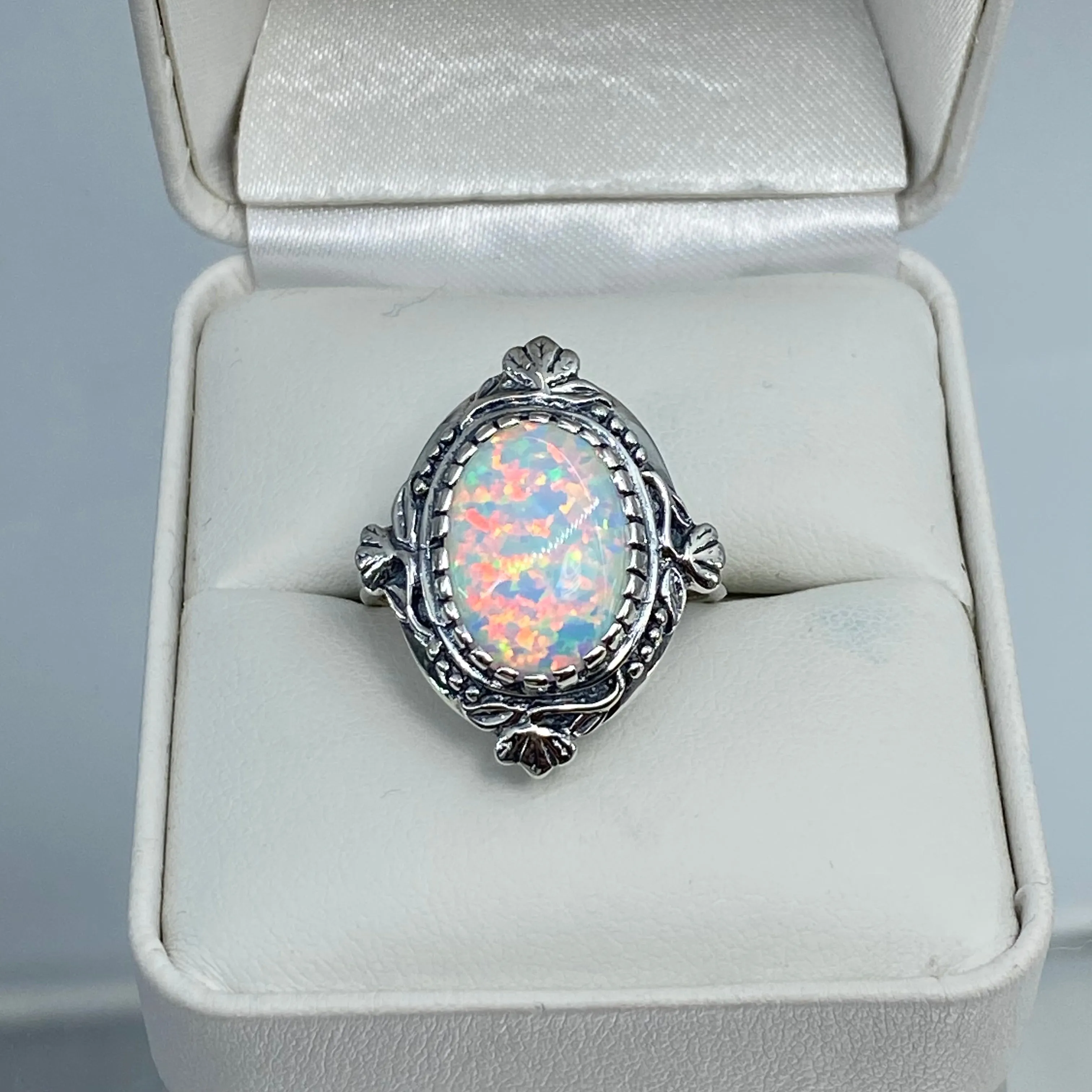 Opal Ring, Size 8, Oval Wreath Filigree Ring - Vintage Art Nouveau Style Ring D74 - Ready to Ship